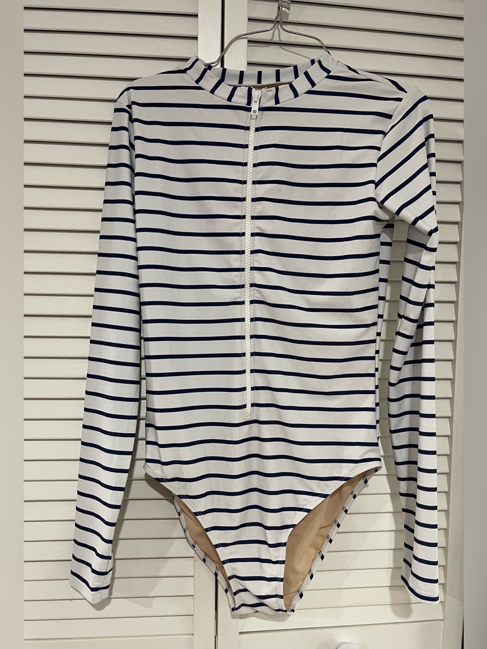Mott50 White & Navy Striped Long-Sleeve Zip One-Piece